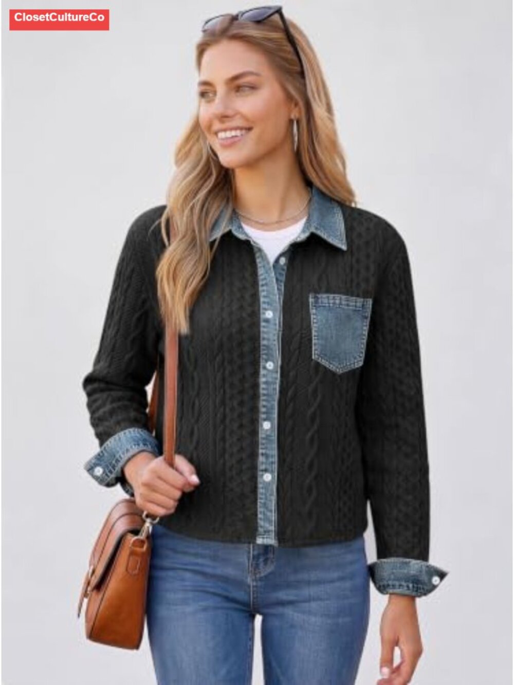 Cropped Collared Bomber Jacket Cable Knit Shacket Button - Picture 3 of 6